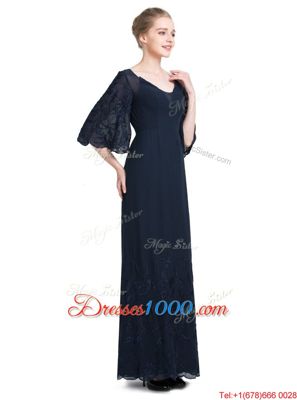 New Style Navy Blue Half Sleeves Floor Length Appliques Zipper Prom Dress