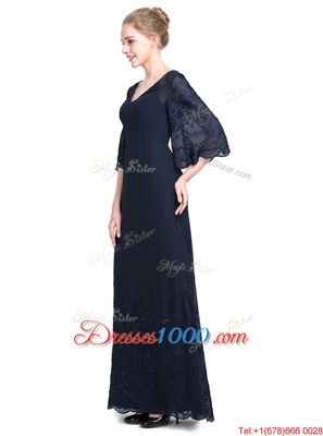 New Style Navy Blue Half Sleeves Floor Length Appliques Zipper Prom Dress