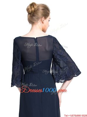 New Style Navy Blue Half Sleeves Floor Length Appliques Zipper Prom Dress