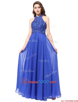Halter Top Floor Length Blue Prom Party Dress Chiffon Sleeveless Beading and Lace