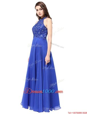 Halter Top Floor Length Blue Prom Party Dress Chiffon Sleeveless Beading and Lace