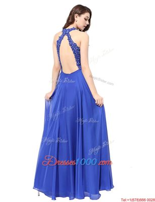 Halter Top Floor Length Blue Prom Party Dress Chiffon Sleeveless Beading and Lace