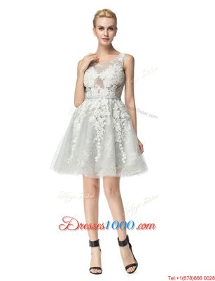 Silver A-line Lace Scoop Sleeveless Lace Knee Length Lace Up Prom Party Dress