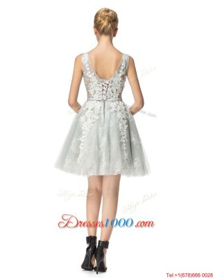 Silver A-line Lace Scoop Sleeveless Lace Knee Length Lace Up Prom Party Dress