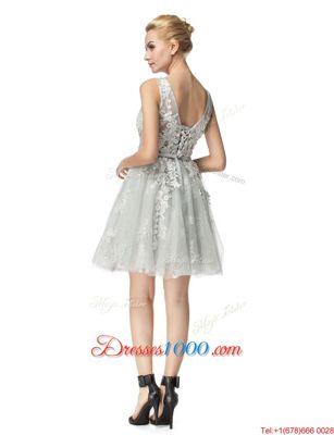 Silver A-line Lace Scoop Sleeveless Lace Knee Length Lace Up Prom Party Dress