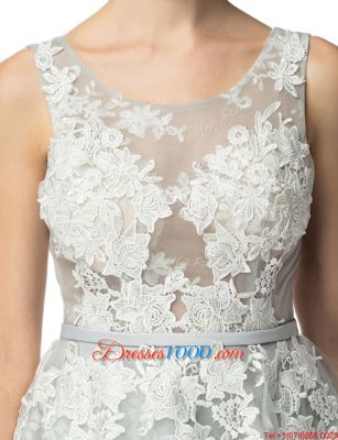 Silver A-line Lace Scoop Sleeveless Lace Knee Length Lace Up Prom Party Dress