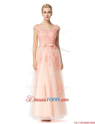 Custom Design Scoop Cap Sleeves Tulle Floor Length Zipper Prom Party Dress in Peach for with Lace
