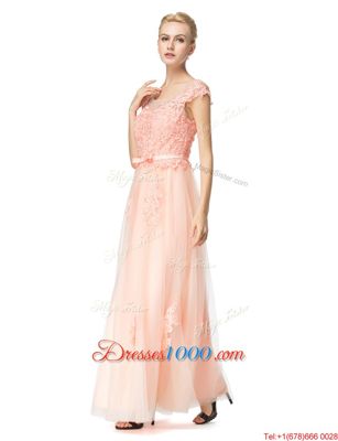 Custom Design Scoop Cap Sleeves Tulle Floor Length Zipper Prom Party Dress in Peach for with Lace