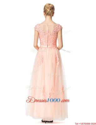 Custom Design Scoop Cap Sleeves Tulle Floor Length Zipper Prom Party Dress in Peach for with Lace