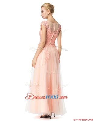 Custom Design Scoop Cap Sleeves Tulle Floor Length Zipper Prom Party Dress in Peach for with Lace