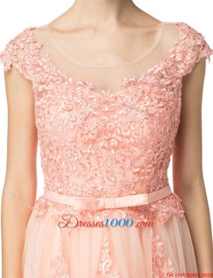 Custom Design Scoop Cap Sleeves Tulle Floor Length Zipper Prom Party Dress in Peach for with Lace