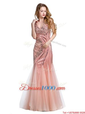Vintage Mermaid Peach Lace Up Beading Sleeveless Floor Length