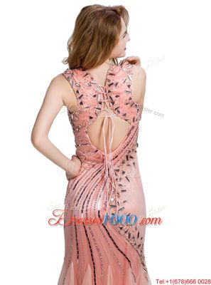 Vintage Mermaid Peach Lace Up Beading Sleeveless Floor Length