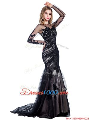Court Train Mermaid Black Bateau Tulle Long Sleeves With Train Zipper