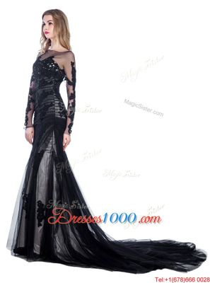 Court Train Mermaid Black Bateau Tulle Long Sleeves With Train Zipper