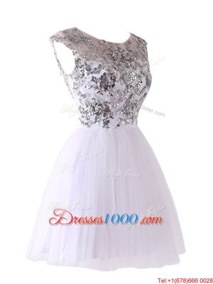 White Scoop Neckline Sequins Cocktail Dress Cap Sleeves Backless
