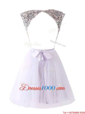 White Scoop Neckline Sequins Cocktail Dress Cap Sleeves Backless