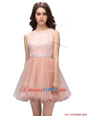 Scoop Sleeveless Prom Dresses Mini Length Beading and Lace Peach Organza