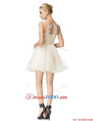 Champagne Lace Up Scoop Beading and Appliques Prom Evening Gown Organza Sleeveless