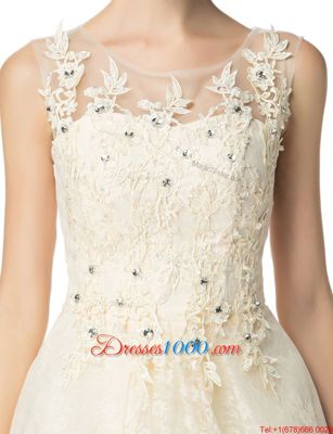Champagne Lace Up Scoop Beading and Appliques Prom Evening Gown Organza Sleeveless
