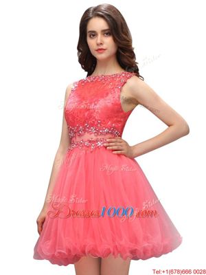 Watermelon Red Organza Zipper Junior Homecoming Dress Sleeveless Mini Length Beading and Lace