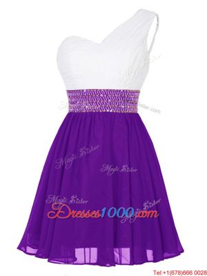 Delicate One Shoulder Sleeveless Evening Dress Mini Length Beading White And Purple Chiffon