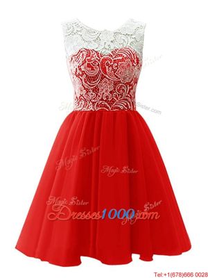 Scoop Sleeveless Prom Evening Gown Mini Length Lace Red Chiffon
