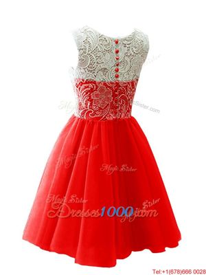 Scoop Sleeveless Prom Evening Gown Mini Length Lace Red Chiffon