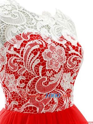 Scoop Sleeveless Prom Evening Gown Mini Length Lace Red Chiffon