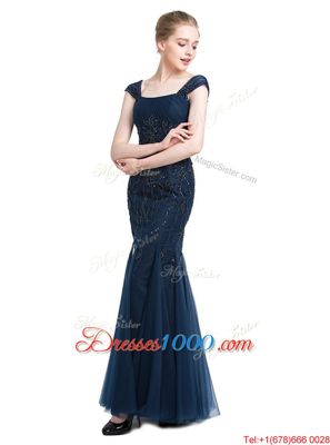 Best Mermaid Floor Length Navy Blue Square Cap Sleeves Zipper