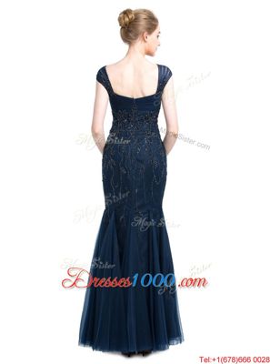 Best Mermaid Floor Length Navy Blue Square Cap Sleeves Zipper