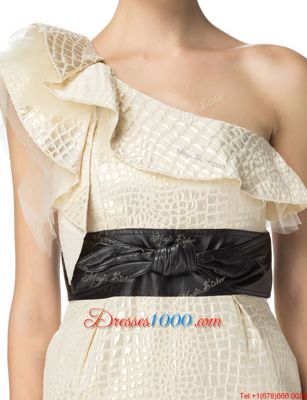 Charming One Shoulder Printed Champagne Sleeveless Mini Length Ruching Zipper Dress for Prom