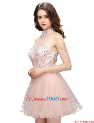 Affordable Baby Pink Sleeveless Beading Mini Length Homecoming Gowns