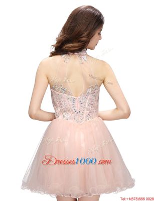 Affordable Baby Pink Sleeveless Beading Mini Length Homecoming Gowns