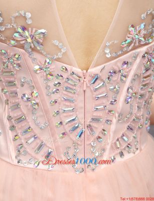 Affordable Baby Pink Sleeveless Beading Mini Length Homecoming Gowns