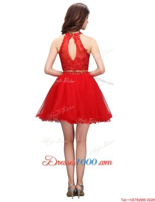 Flare High-neck Sleeveless Zipper Prom Dresses Coral Red Organza