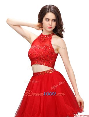 Flare High-neck Sleeveless Zipper Prom Dresses Coral Red Organza