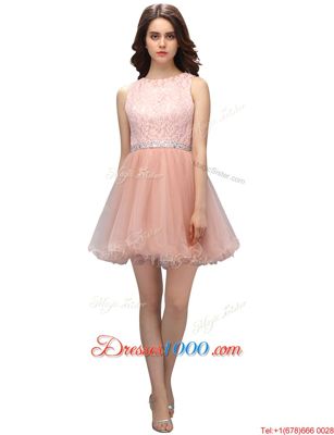 Dramatic Scoop Pink Zipper Beading and Lace Sleeveless Mini Length