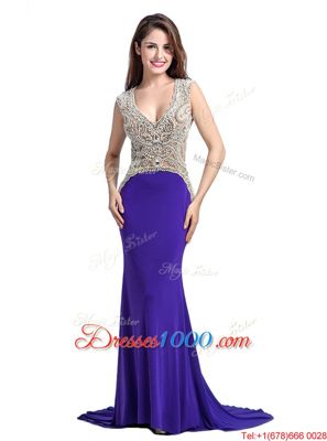 With Train Backless Prom Gown Purple and In for Prom and Party with Beading Brush Train