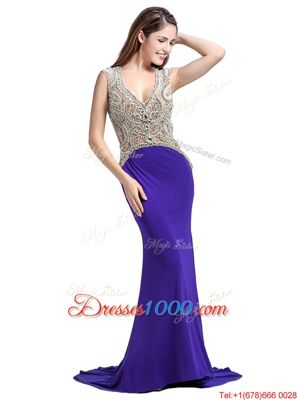 With Train Backless Prom Gown Purple and In for Prom and Party with Beading Brush Train