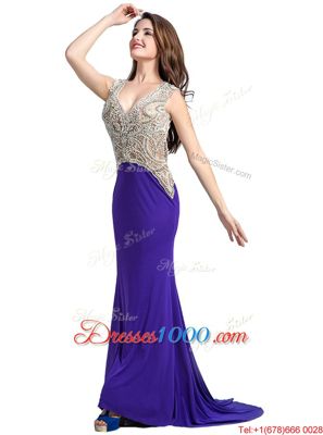 With Train Backless Prom Gown Purple and In for Prom and Party with Beading Brush Train