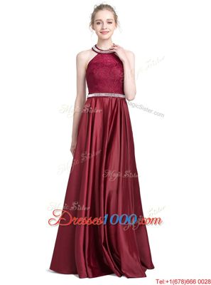 Top Selling Halter Top Sleeveless Dress for Prom Floor Length Beading and Lace Burgundy Taffeta