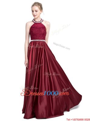 Top Selling Halter Top Sleeveless Dress for Prom Floor Length Beading and Lace Burgundy Taffeta