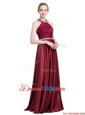 Top Selling Halter Top Sleeveless Dress for Prom Floor Length Beading and Lace Burgundy Taffeta