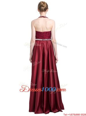 Top Selling Halter Top Sleeveless Dress for Prom Floor Length Beading and Lace Burgundy Taffeta