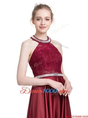 Top Selling Halter Top Sleeveless Dress for Prom Floor Length Beading and Lace Burgundy Taffeta