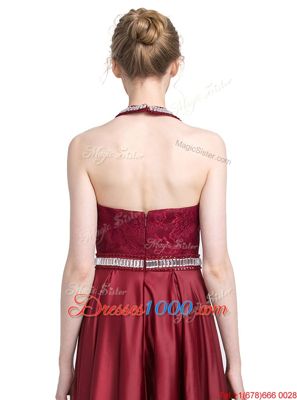 Top Selling Halter Top Sleeveless Dress for Prom Floor Length Beading and Lace Burgundy Taffeta