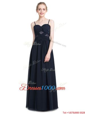 Perfect Spaghetti Straps Sleeveless Prom Evening Gown Floor Length Ruching Black Chiffon