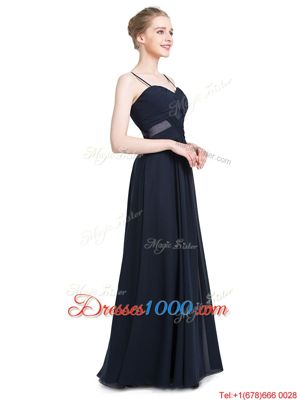 Perfect Spaghetti Straps Sleeveless Prom Evening Gown Floor Length Ruching Black Chiffon