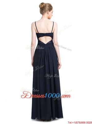 Perfect Spaghetti Straps Sleeveless Prom Evening Gown Floor Length Ruching Black Chiffon